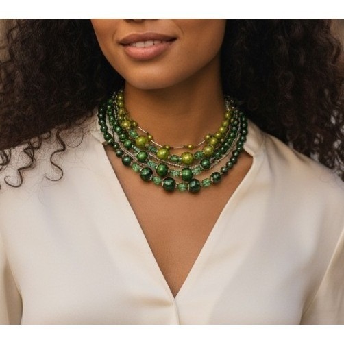 Vintage Japan Multi Strand Green Glass Necklace Gold Tone Mid-Century